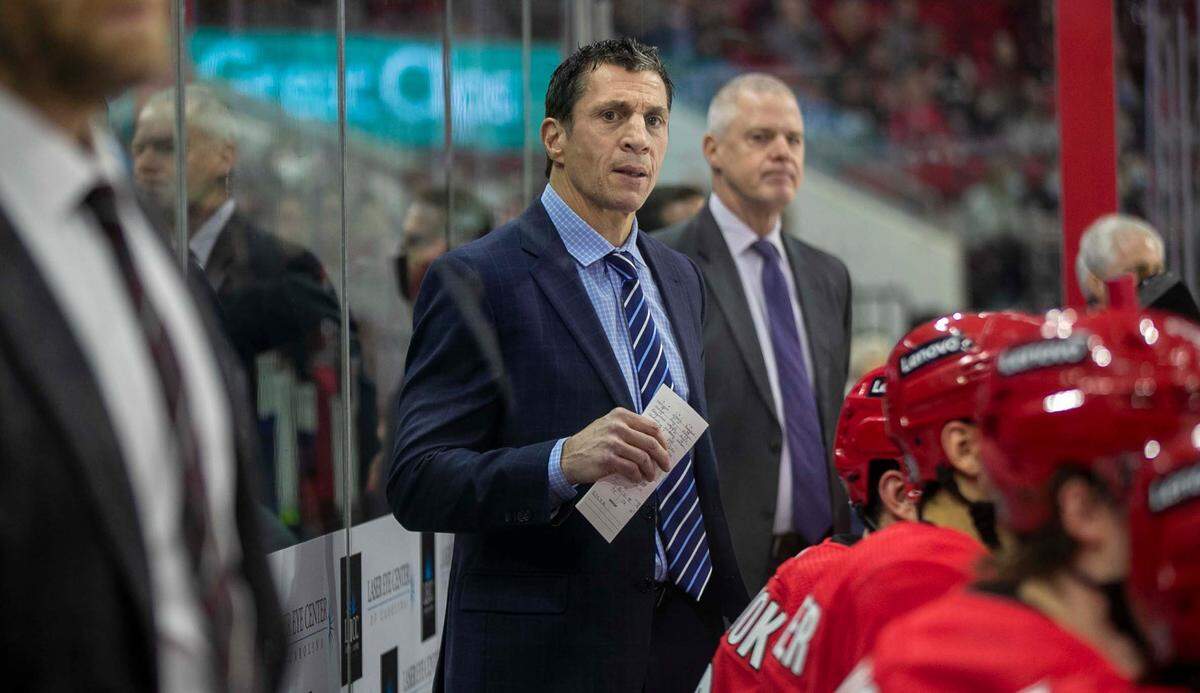 Carolina Hurricanes coach Rod Brind’Amour watches the action during the first period against the Ottawa Senators on Thursday, December 2, 2021 at PNC Arena in Raleigh, N.C.