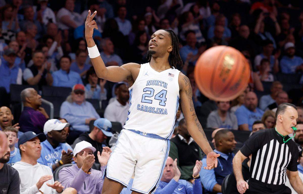 North Carolina’s Jae’Lyn Withers (24) celebrates hitting a three-pointer during the first half of UNC’s game against Notre Dame in the second round 2025 of the ACC Men’s Basketball Tournament at the Spectrum Center in Charlotte, N.C., Wednesday, March 12, 2025.