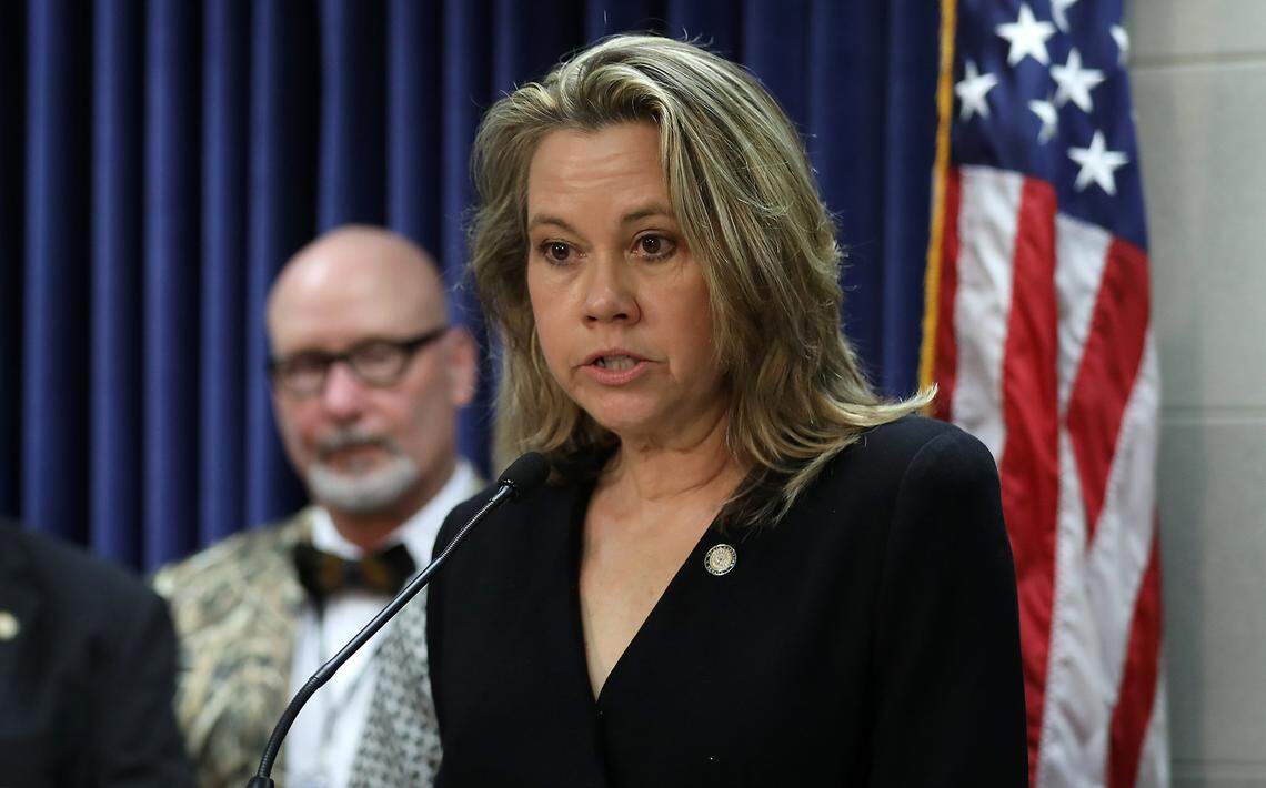 Sen. Amy Galey speaks during a press conference held by N.C. Senate Republicans.