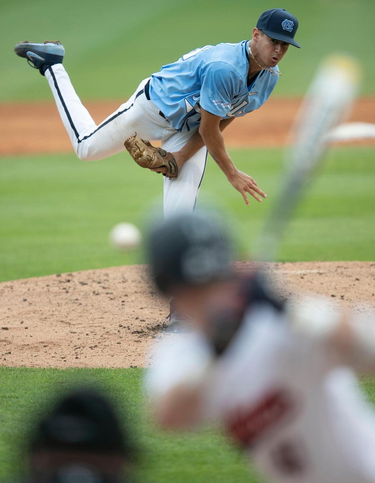 North Carolina starting pitcher Austin Bergner (45) works from the mound in the fourth inning against Auburn during the NCAA Super Regional on Sunday, June 9, 2019 at Boshamer Stadium in Chapel Hill, N.C.