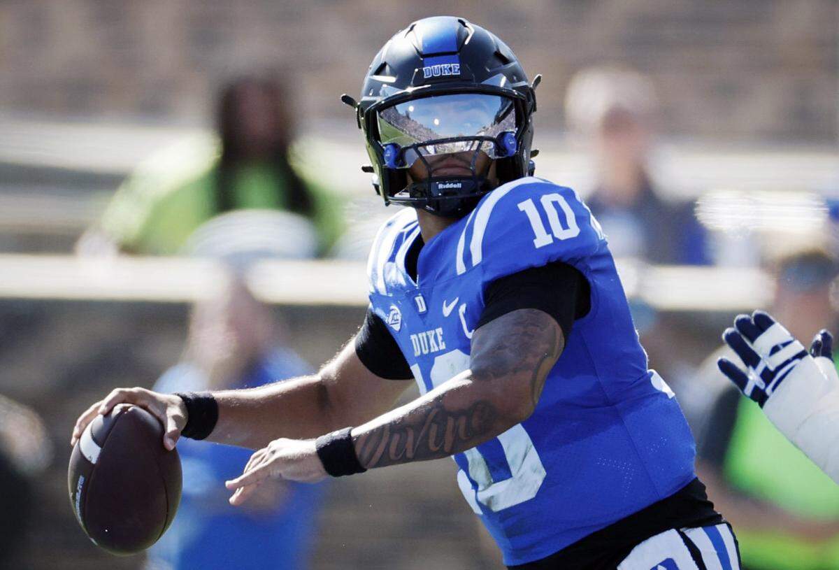Duke quarterback Darian Mensah (10) prepares to throw during the first half of Duke’s game against Georgia Tech at Wallace Wade Stadium in Durham, N.C., Saturday, Oct. 18, 2025.