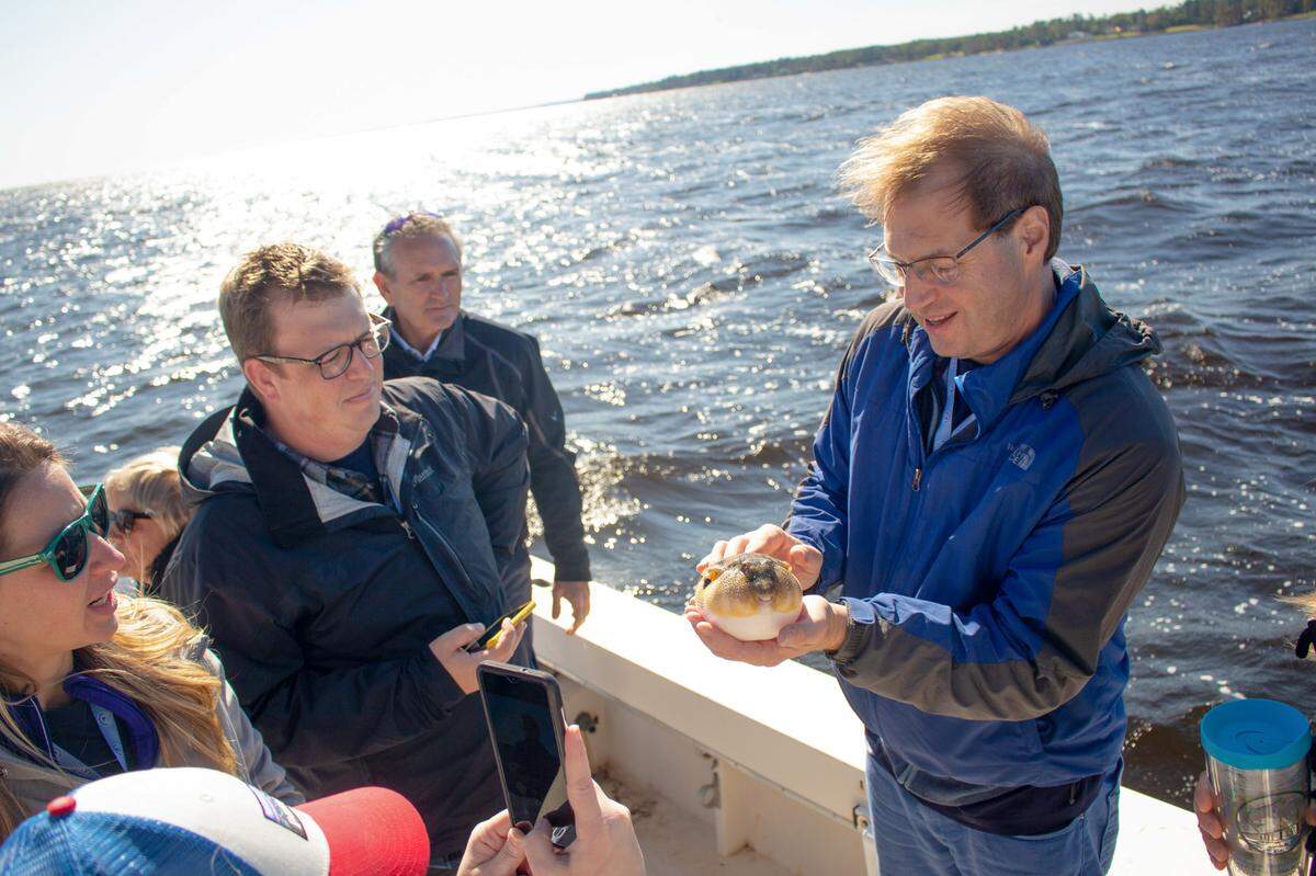 UNC-Chapel Hill faculty members and administrators went on the Neuse River with the UNC Institute of Marine Sciences on Oct. 17 as part of the Tar Heel Bus Tour.
