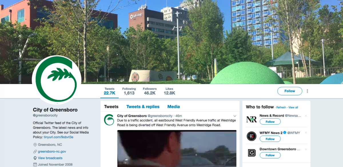 A screenshot of the official City of Greensboro Twitter account.