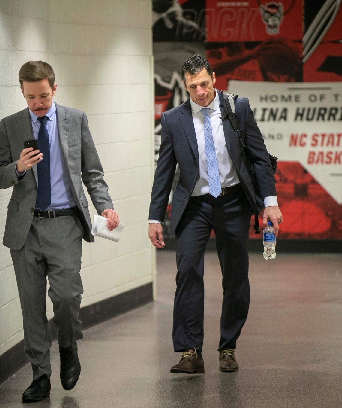 Carolina Hurricanes coach Rod Brind’Amour arrives for his post-game press conference following the Hurricanes’ 3-2 overtime victory against the New Jersey Devils on Thursday, May 11, 2023 at PNC Arena in Raleigh, N.C.