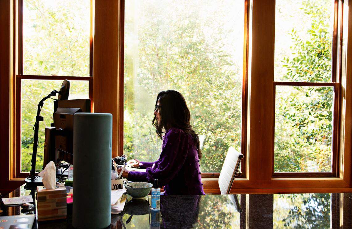 Kamala Subramaniam, the new head of Google’s Durham office, works from her home office on Wednesday, Oct. 20, 2021. Subramaniam recently moved to Chapel Hill with her family from the Bay Area.