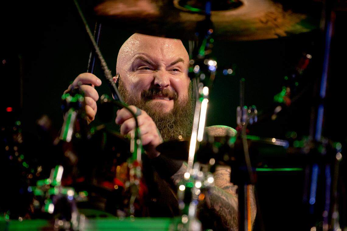 Disturbed drummer Mike Wengren pounds the skins on the “Take Back Your Life Tour” to Raleigh, N.C.’s Coastal Credit Union Music Park at Walnut Creek, Wednesday night, Sept. 6, 2023.