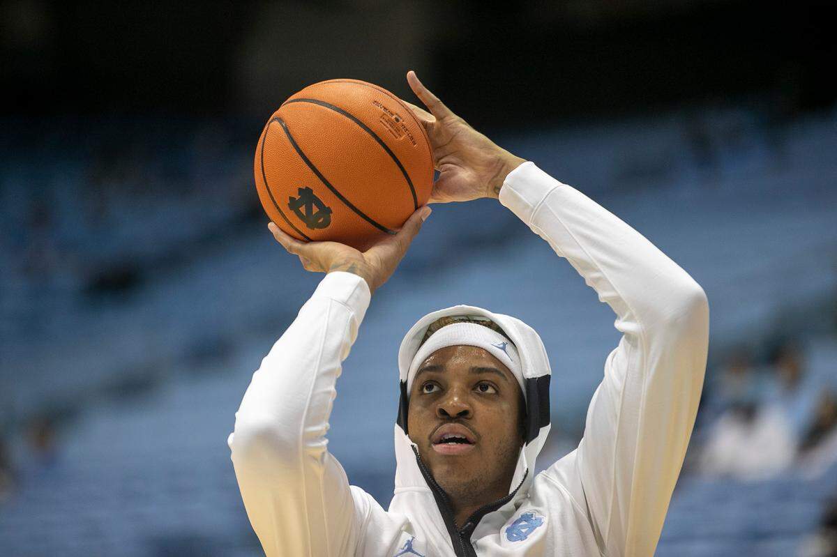 North Carolina’s Armando Bacot (5) warms up for the Tar Heels’ game against College of Charleston on Friday, November 11, 2022 at the Smith Center in Chapel Hill, N.C.