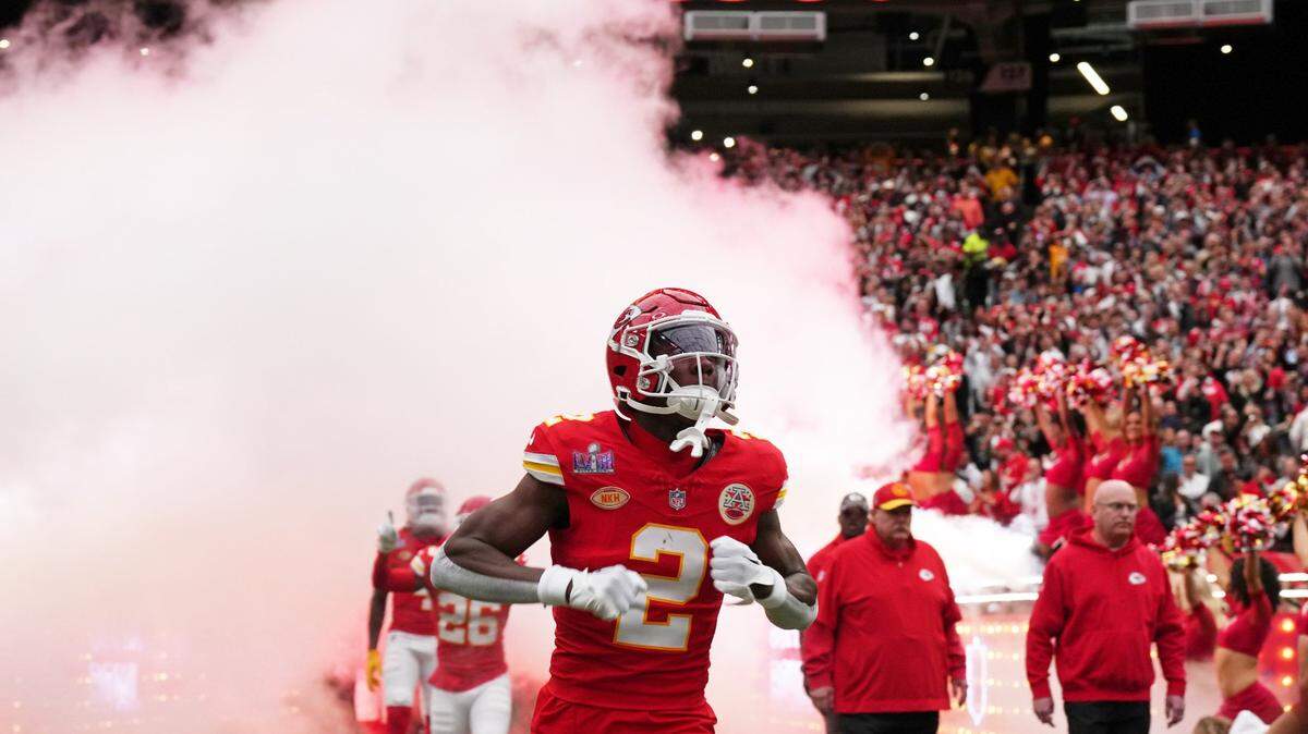 Kansas City Chiefs cornerback Joshua Williams (2) runs on the field before Super Bowl LVIII against the San Francisco 49ers at Allegiant Stadium on Feb. 11, 2024 in Paradise, Nevada. Joshua Williams, a North Carolina native, played for Fayetteville State