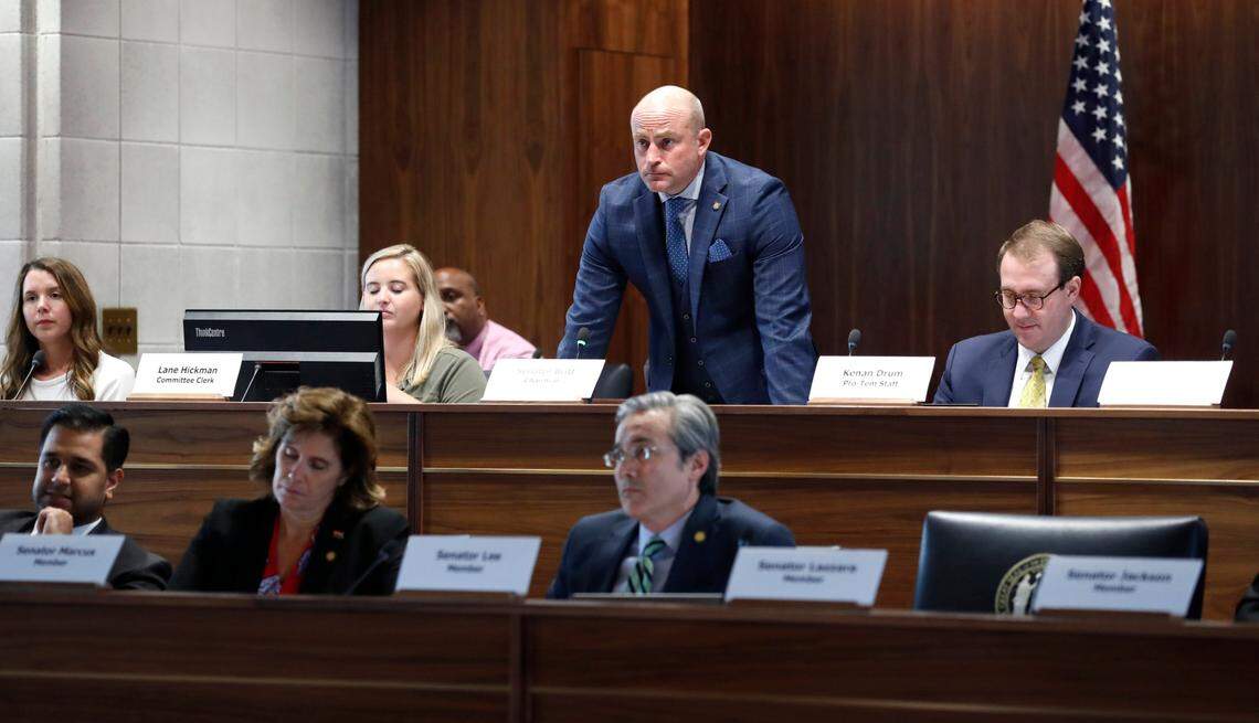 Sen. Danny Earl Britt, center, presides over a Senate Judiciary hearing about Senate Bill 711, the N.C. Compassionate Care Act, at the Legislative Building in Raleigh, N.C., Wednesday, June 30, 2021.