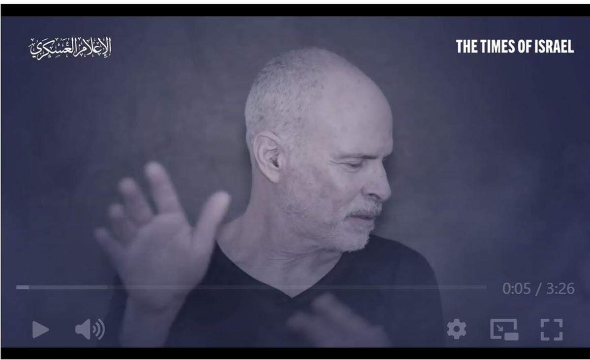 Keith Siegel, a native of Chapel Hill, North Carolina, has been held captive by the U.S. designated terrorist group Hamas since the attack on Israel on Oct. 7, 2023. This screenshot is taken from a video Hamas released Saturday that was posted online by the Times of Israel.