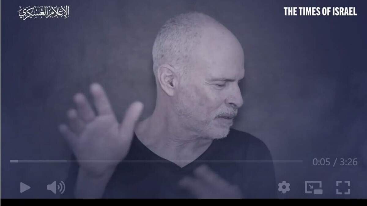 Keith Siegel, a native of Chapel Hill, North Carolina, has been held captive by the U.S. designated terrorist group Hamas since the attack on Israel on Oct. 7, 2023. This screenshot is taken from a video Hamas released Saturday, April 20, 2024, that was posted online by the Times of Israel.
