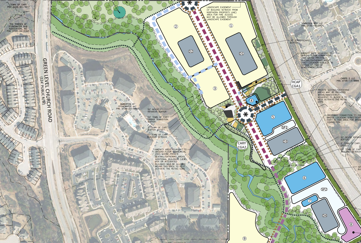 Site plans for a massive “live, work, play” complex on a vacant 46-acre site along N.C. Highway 55 in Cary.
