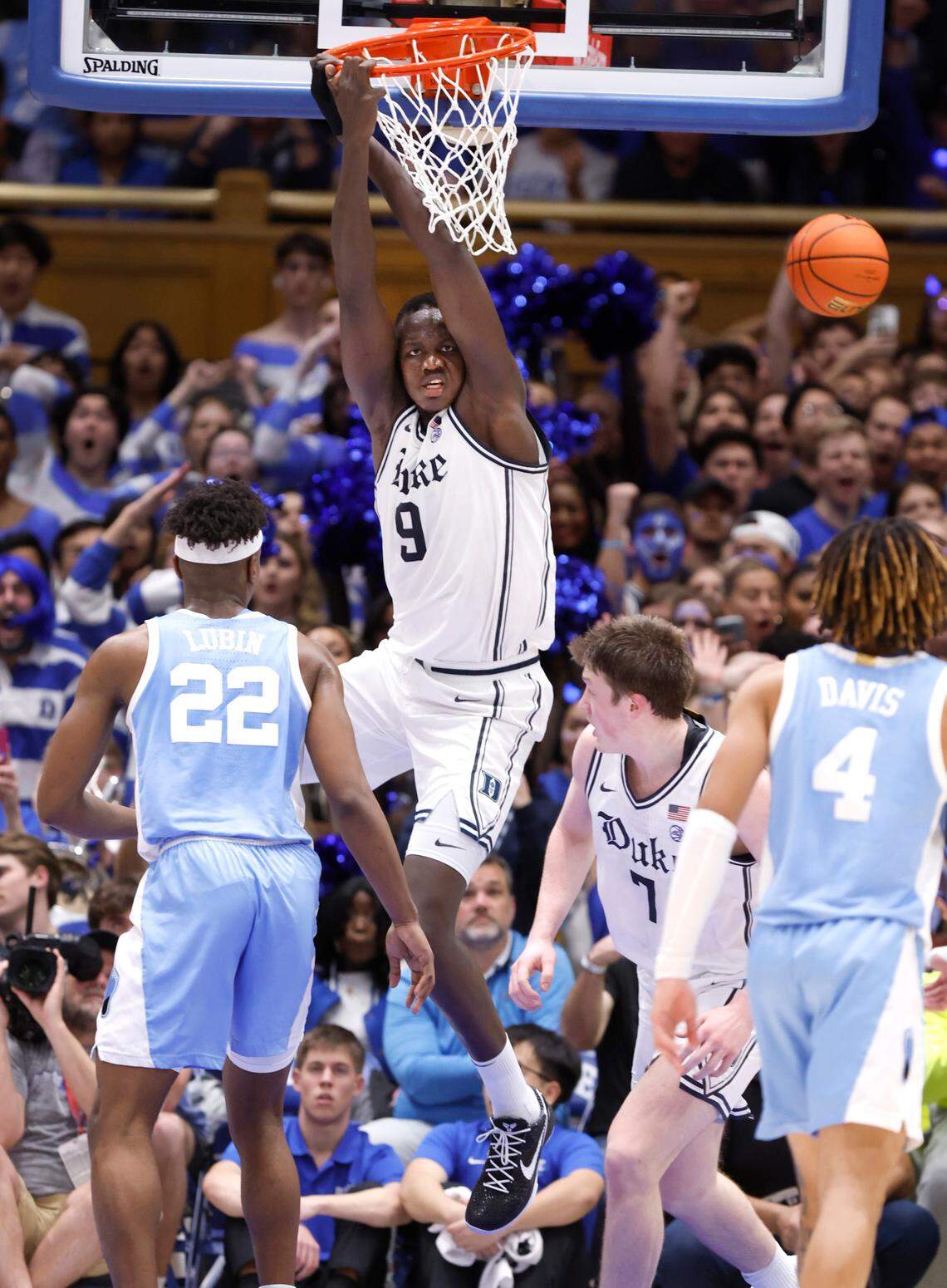Duke’s Khaman Maluach (9) slams in two during the first half of Duke’s game against UNC at Cameron Indoor Stadium in Durham, N.C., Saturday, Feb. 1, 2025.