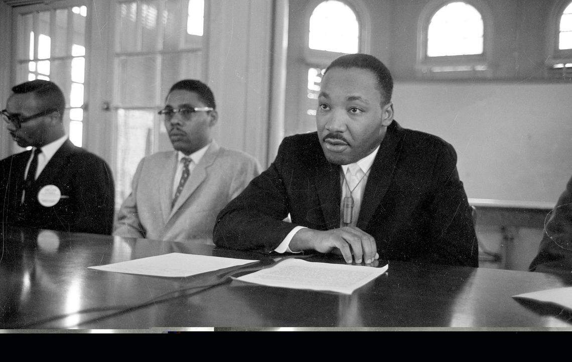 Dr. Martin Luther King, Jr. is seen here speaking at a press conference held at Shaw University in Raleigh, in April of 1960. The Student Nonviolent Coordinating Committee, (SNCC) was founded after meetings at Shaw that year.