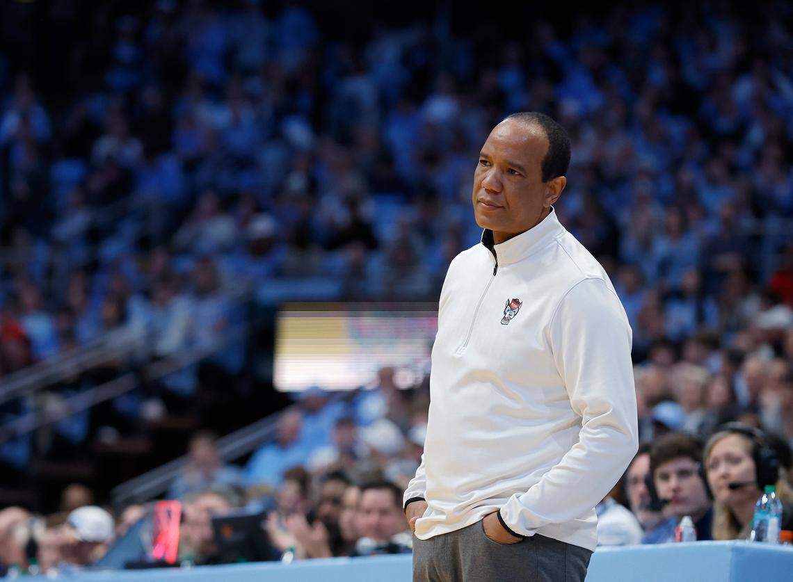 N.C. State head coach Kevin Keatts reacts during the first half of the Wolfpack’s 97-73 loss to North Carolina on Wednesday, Feb. 19, 2025, at the Smith Center in Chapel Hill, N.C.