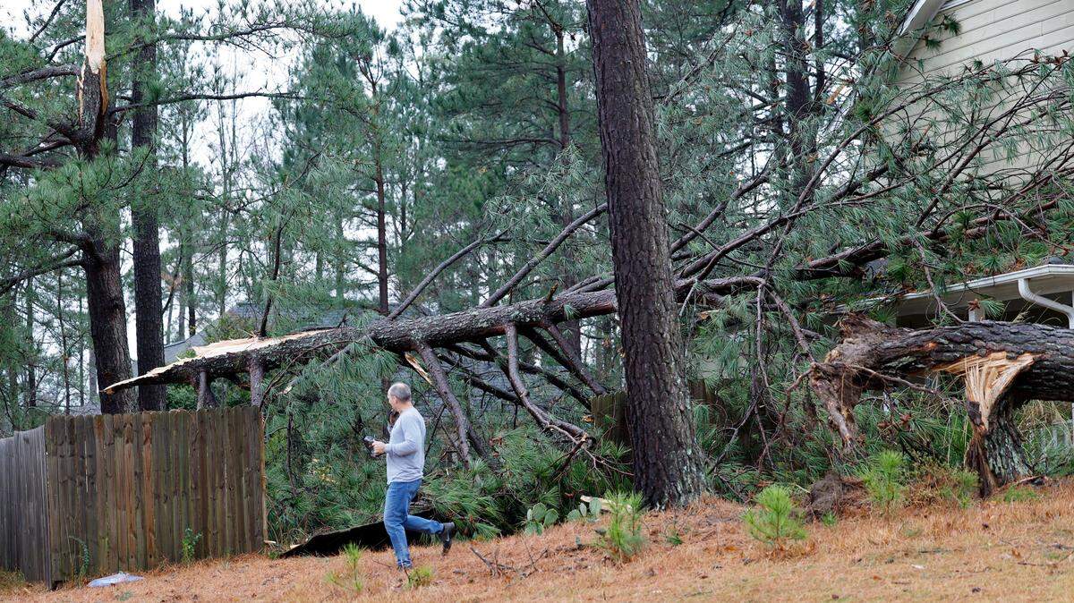 A powerful storm knocked down trees on Buckhorn Road in Garner, N.C., Sunday, Dec. 10, 2023.