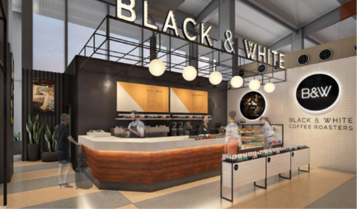 A rendering of the Black & White Coffee Roasters shop that will open in Terminal 2 at Raleigh-Durham International Airport in 2023. It will replace the Starbucks at the bottom of the escalators just beyond the security checkpoint.