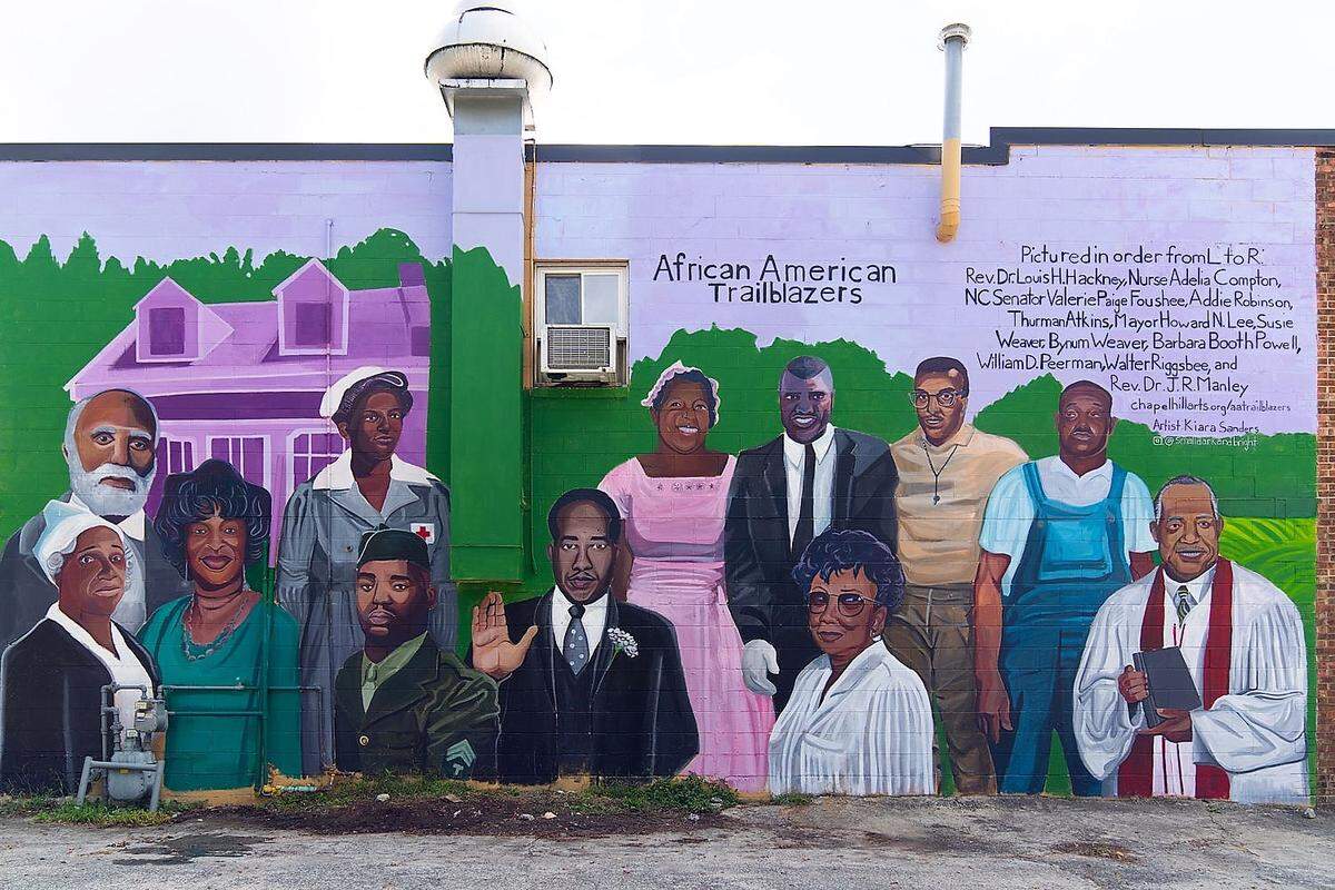 Artist Kiara Sanders said her hope is that the “African American Trailblazers” mural painted in 2021 at 111 S. Merritt Mill Road will inspire others to learn more about the people who shaped the Chapel Hill and Carrboro communities.