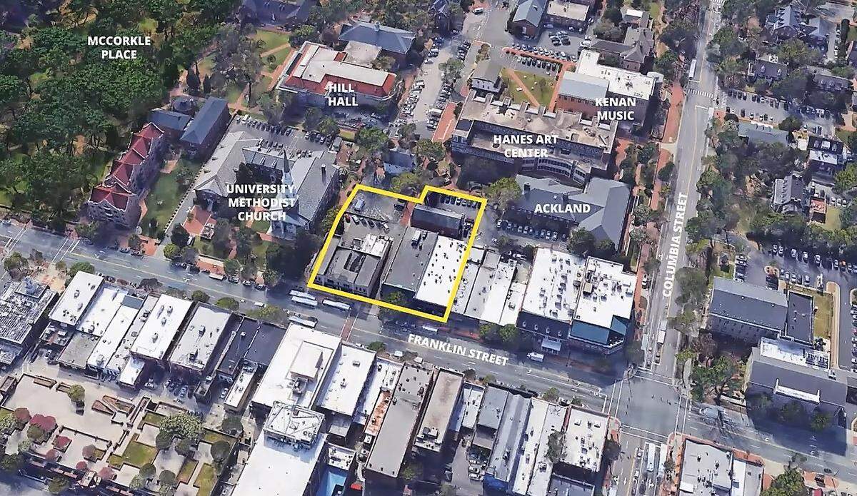 UNC wants to give new life to three buildings (outlined in yellow) located on the 100 block of East Franklin Street. The Hill Building, beside University Methodist Church, could be preserved. The other buildings could be demolished and replaced.