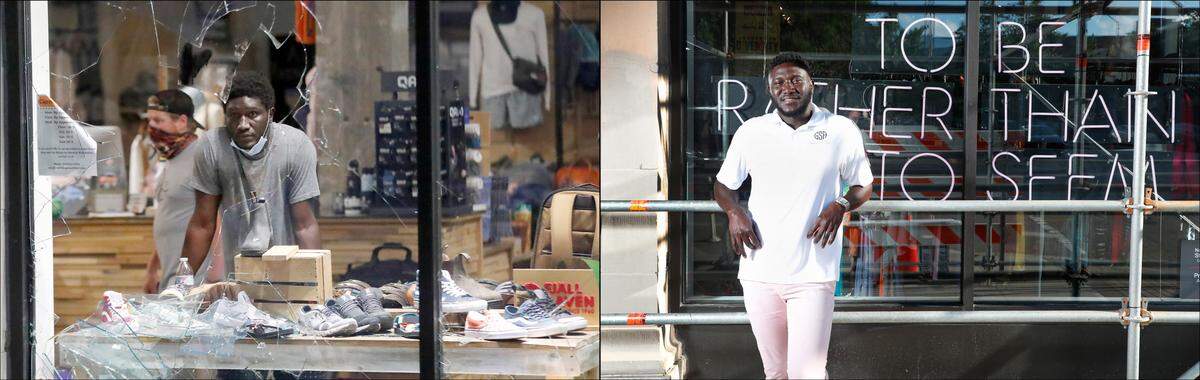 Pa Gai went in to protect Apex Outfitters in Raleigh, N.C., after the windows were smashed and looters were ransacking the store on May 30, 2020. He tried to reason with people coming in, bent on destruction, talking them out of it. “These are our neighbors,” he said. “These are our friends.” On right, Gai poses outside Black Friday Market, the store that replaced Apex Outfitters on Friday, May 28, 2021.