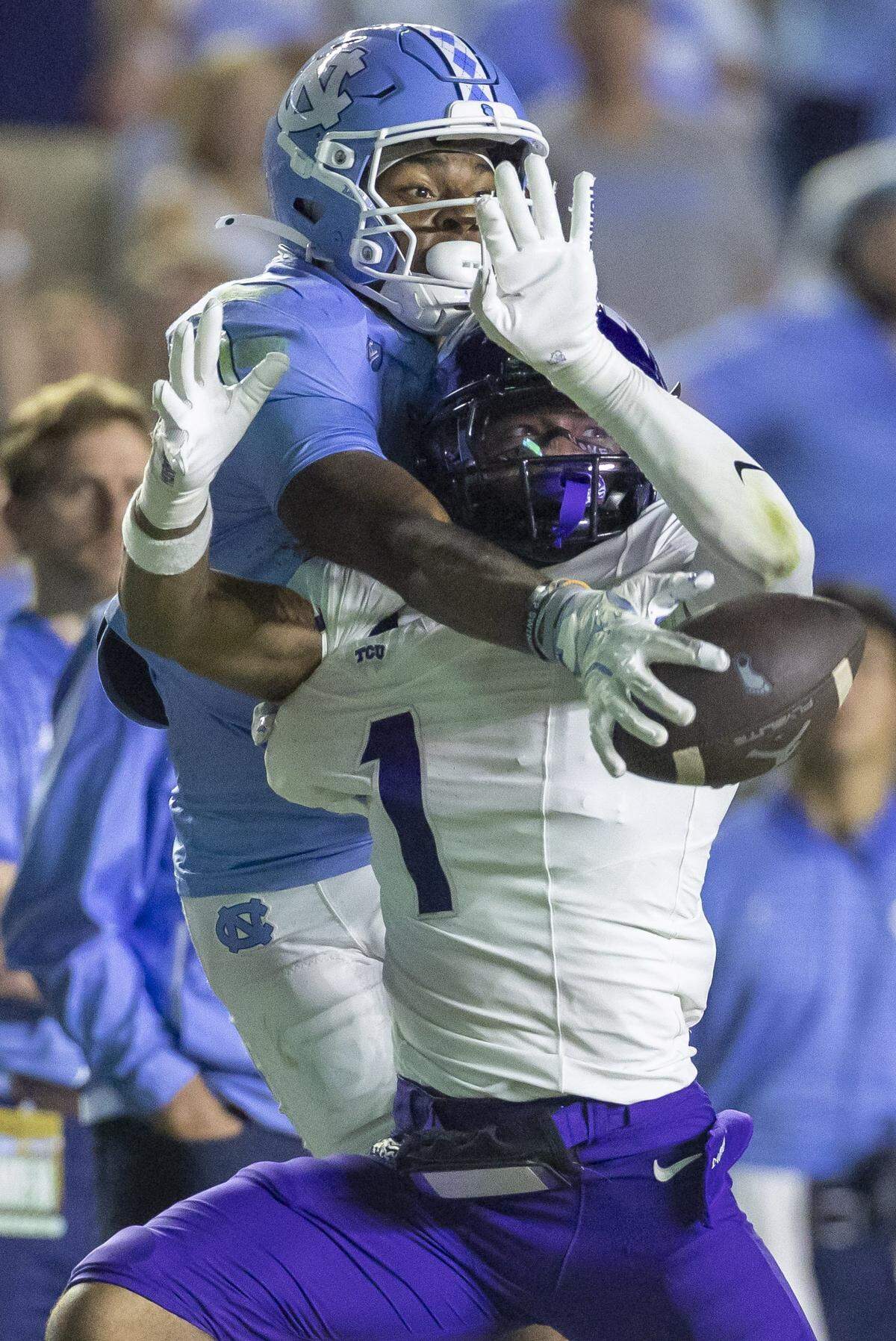 Texas Christian University safety Austin Jordan (1) breaks up a pass intended for North Carolina wide receiver Jordan Shipp (1) in the second quarter on Monday, September 1, 2025 at Kenan Stadium in Chapel Hill, N.C. 