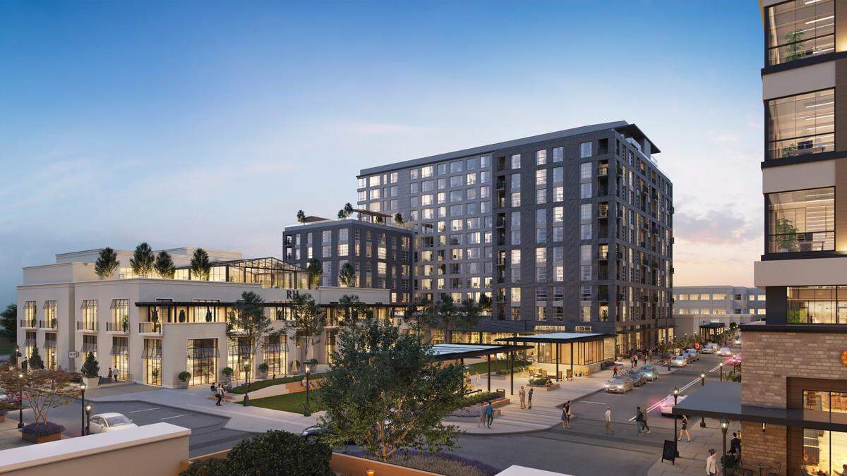 Rendering of Restoration Hardware and the Highland North Hills apartment building.