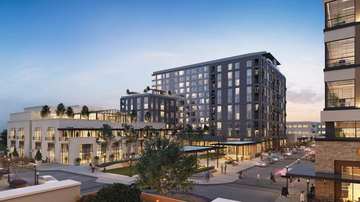 Rendering of Restoration Hardware and the Highland North Hills apartment building.