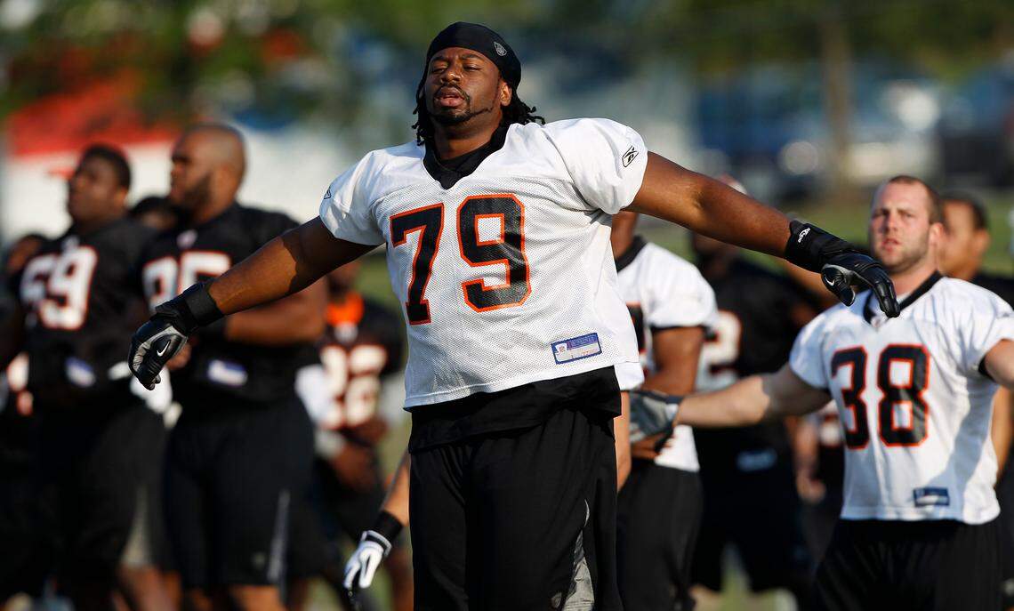 Offensive guard Isaac Sowells (79) warms up during training camp with the Cincinnati Bengals in 2010.