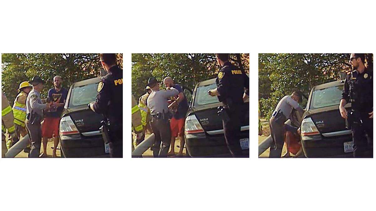 Photos included in the filing of a lawsuit show NC Highway Patrol Sgt. Ashley B. Smith striking Thomas J. Simmons.  