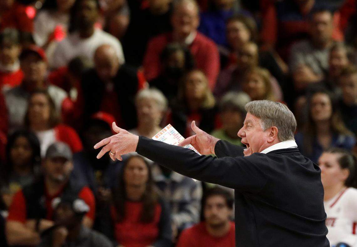 N.C. State head coach Wes Moore directs his team during the first half of the Wolfpack’s game against UConn on Sunday, Nov. 12, 2023, at Reynolds Coliseum in Raleigh, N.C.