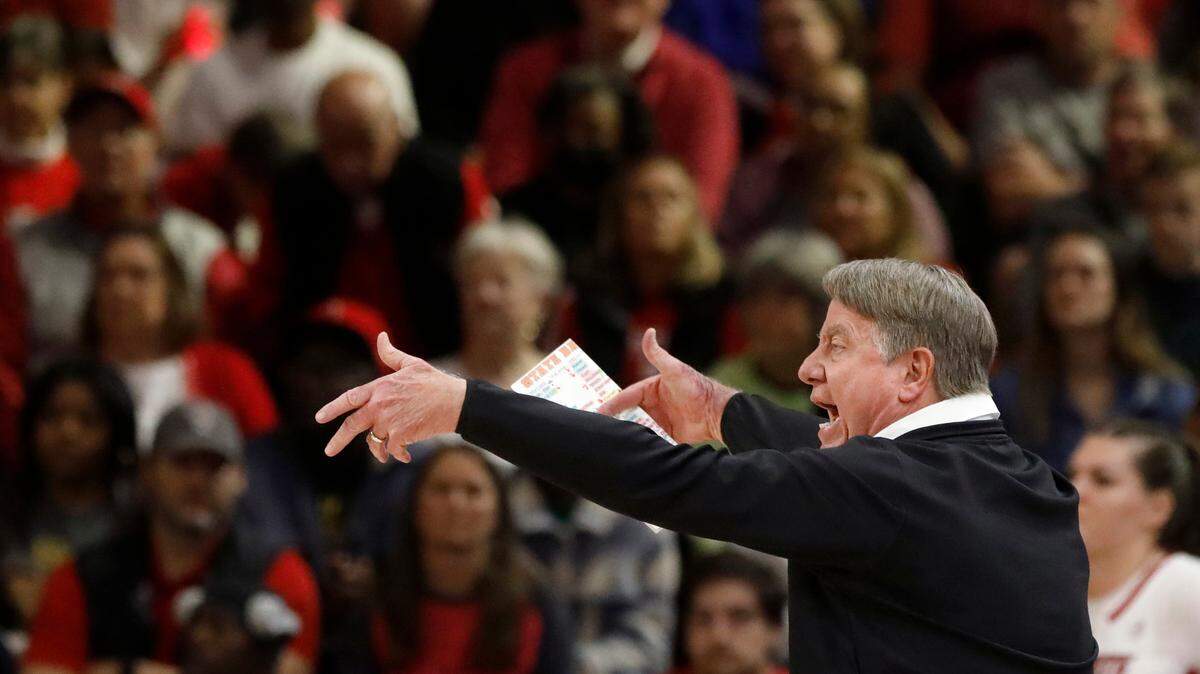 N.C. State head coach Wes Moore directs his team during the first half of the Wolfpack’s game against UConn on Sunday, Nov. 12, 2023, at Reynolds Coliseum in Raleigh, N.C. On Tuesday, Moore’s team opened the 2024-25 season with a win over ETSU at Reynolds.