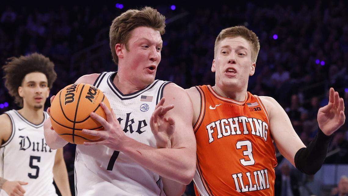 Duke’s Kon Knueppel (7) drives by the defense of Illinois’ Ben Humrichous (3) during the first half of Duke’s game against Illinois in the SentinelOne Classic at Madison Square Garden in New York City Saturday, Feb. 22, 2025.