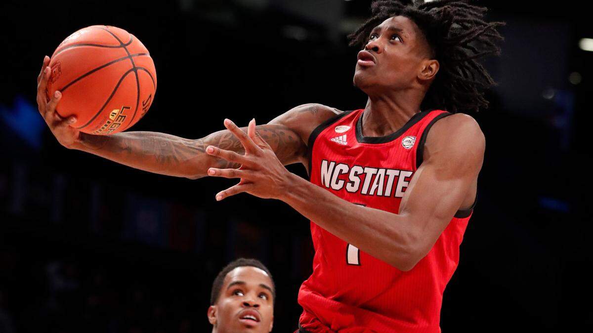 N.C. State’s Dereon Seabron (1) heads to the basket during the second half of Clemson’s 70-64 victory over N.C. State in the first round of the ACC men’s basketball tournament at the Barclays Center in Brooklyn, N.Y., Tuesday, March 8, 2022.