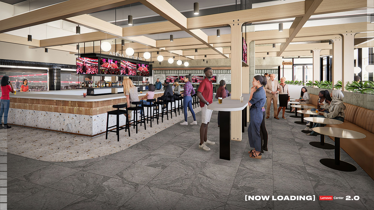 A rendering of planned Lenovo Center renovations in Raleigh, N.C. The PNC Club Level Arena Club will be overhauled to create a cohesive feel between the Club Ledge and Arena Club, giving the PNC Club Level an updated gathering space.