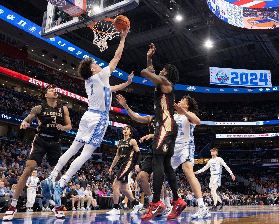 North Carolina’s Zayden High (1) scores in the closing minutes of play against Florida State in the quarterfinals of the ACC Men’s Basketball Tournament at Capitol One Arena on Wednesday, March 13, 2024 in Washington, D.C.