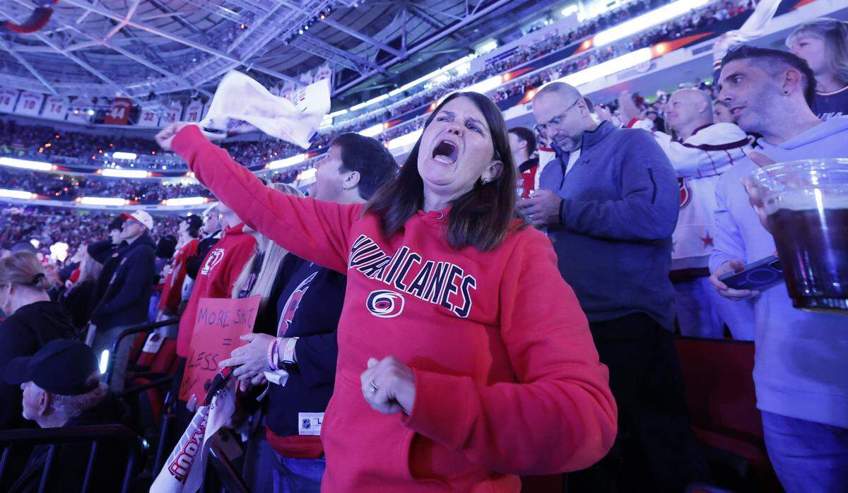 Bridgit Jones cheers on Carolina before the Hurricanes’ game against the Canadiens in game two of the Eastern Conference Finals at the Lenovo Center in Raleigh, N.C., Saturday, May 23, 2026.