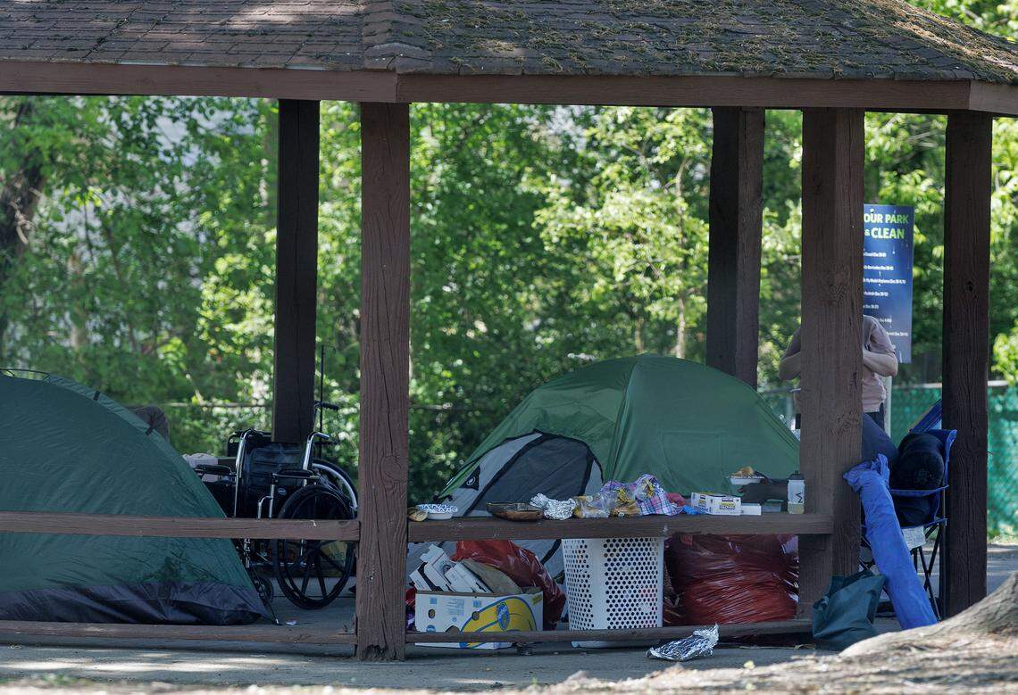 Tents sit under a gazebo at Oakwood Park on Tuesday, April 14, 2026, in Durham, N.C.