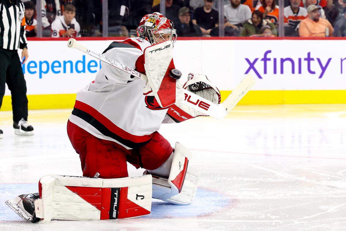 Carolina Hurricanes goalie Frederik Andersen makes a save against the Philadelphia Flyers during overtime in Game 4 of the teams’ second-round Stanley Cup playoff series at Xfinity Mobile Arena on May 9, 2026 in Philadelphia, Pennsylvania.