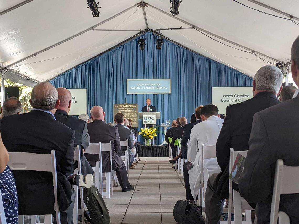 Erskine Bowles, former president of the UNC System, speaks Monday, Sept. 19, 2022, for a dedication ceremony at Chapel Hill’s N.C. Cancer Hospital, which was renamed in honor of the late state Sen. Marc Basnight.