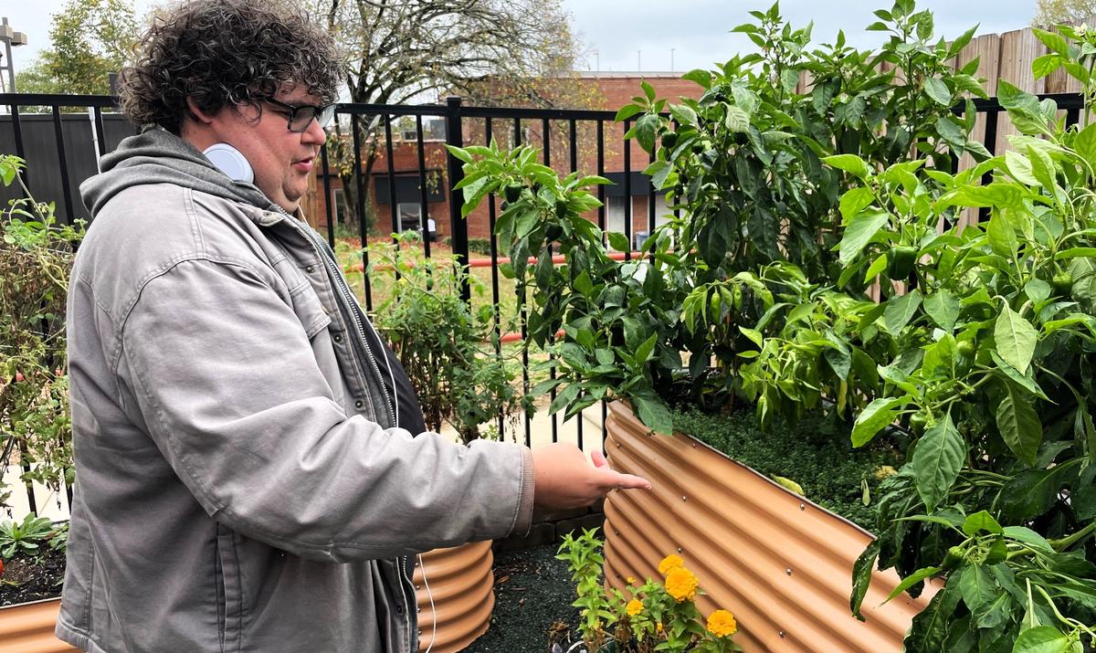 Isaac Woolsey, a colleague at Club Nova in Carrboro, explains the different varieties of hot and sweet peppers growing in containers in the garden patio. Fresh produce and herbs from the garden are used in the kitchen to prepare meals for staff and colleagues.