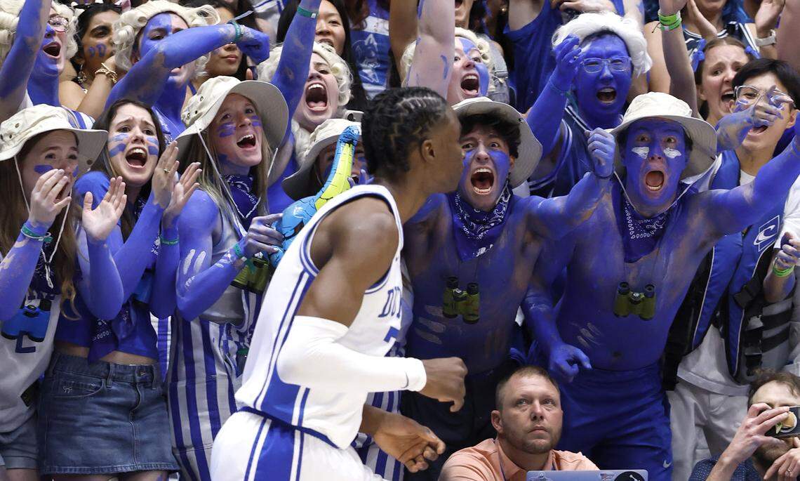 The Cameron Crazies celebrate after Duke’s Dame Sarr (7) made a three-pointer during the second half of Duke’s 76-61 victory over UNC at Cameron Indoor Stadium in Durham, N.C., Saturday, March 7, 2026.