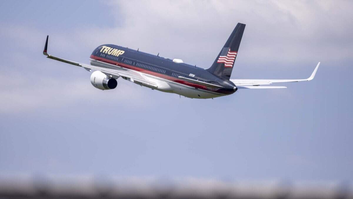 Former President Donald Trump’s plane “Trump Force One” flies over the North Carolina Aviation Museum & Hall of Fame in Asheboro, NC prior to a campaign rally on Wednesday, Aug. 21, 2024.