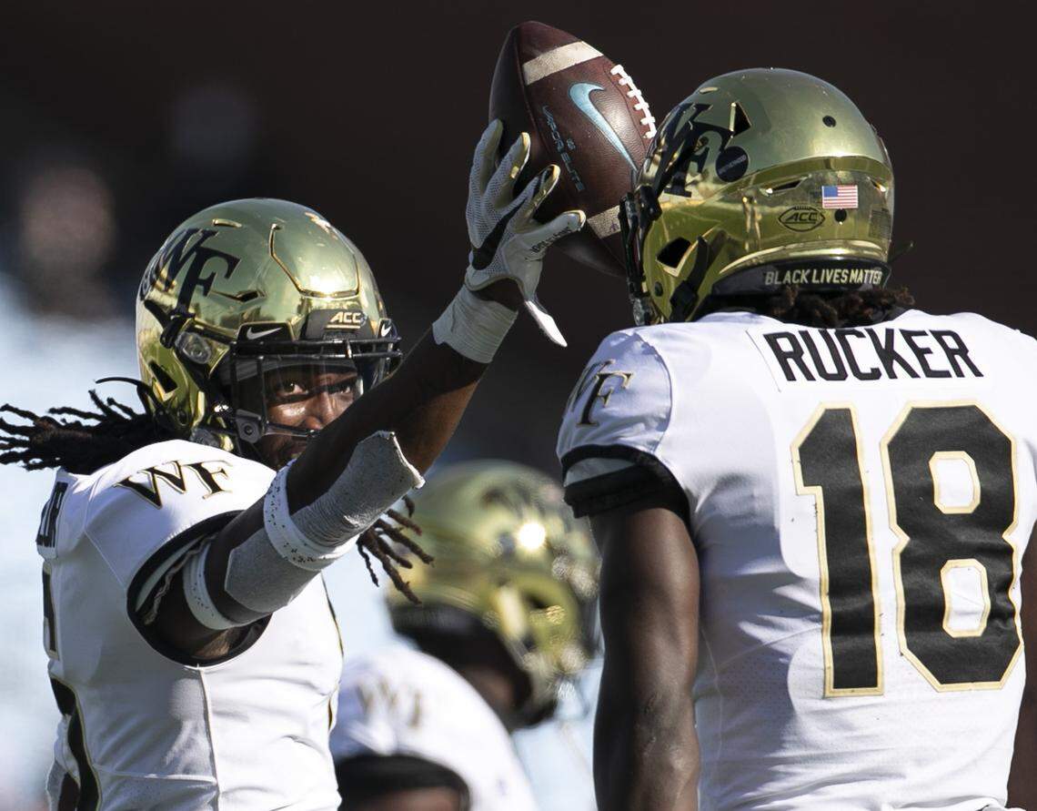 Wake Forest defense back Ja’Sir Taylor (6) celebrates after intercepting a pass by North Carolina quarterback Sam Howell in the second quarter at Kenan Stadium on Saturday, November 14, 2020 in Chapel Hill, N.C.