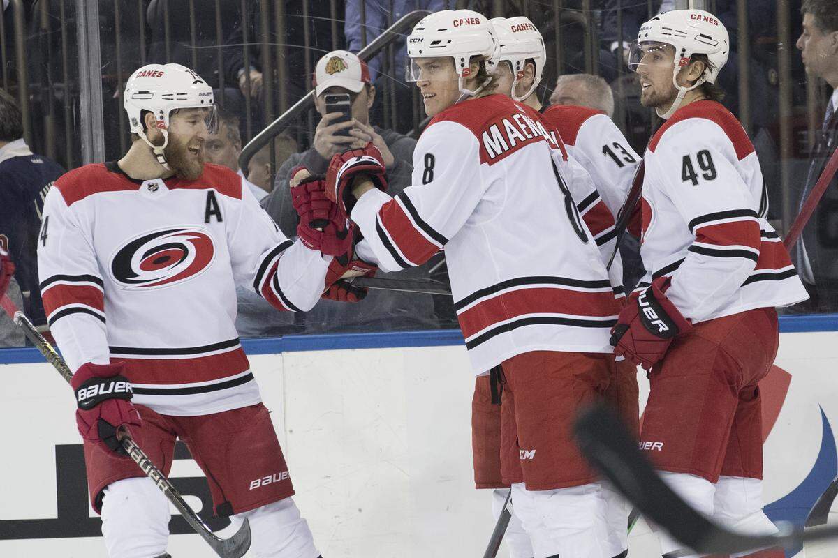 Carolina Hurricanes right wing Saku Maenalanen (8) celebrates after scoring a goal against the New York Rangers during the first period of an NHL hockey game Tuesday, Jan. 15, 2019, at Madison Square Garden in New York. (AP Photo/Mary Altaffer)