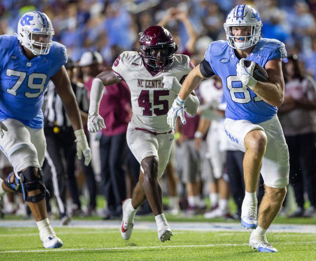 North Carolina tight end John Copenhaver (81) scores a touchdown on a 23-yard pass reception from quarterback Jacolby Criswell in the fourth quarter against N.C. Central on Saturday, September 14, 2024 at Kenan Stadium in Chapel Hill, N.C.