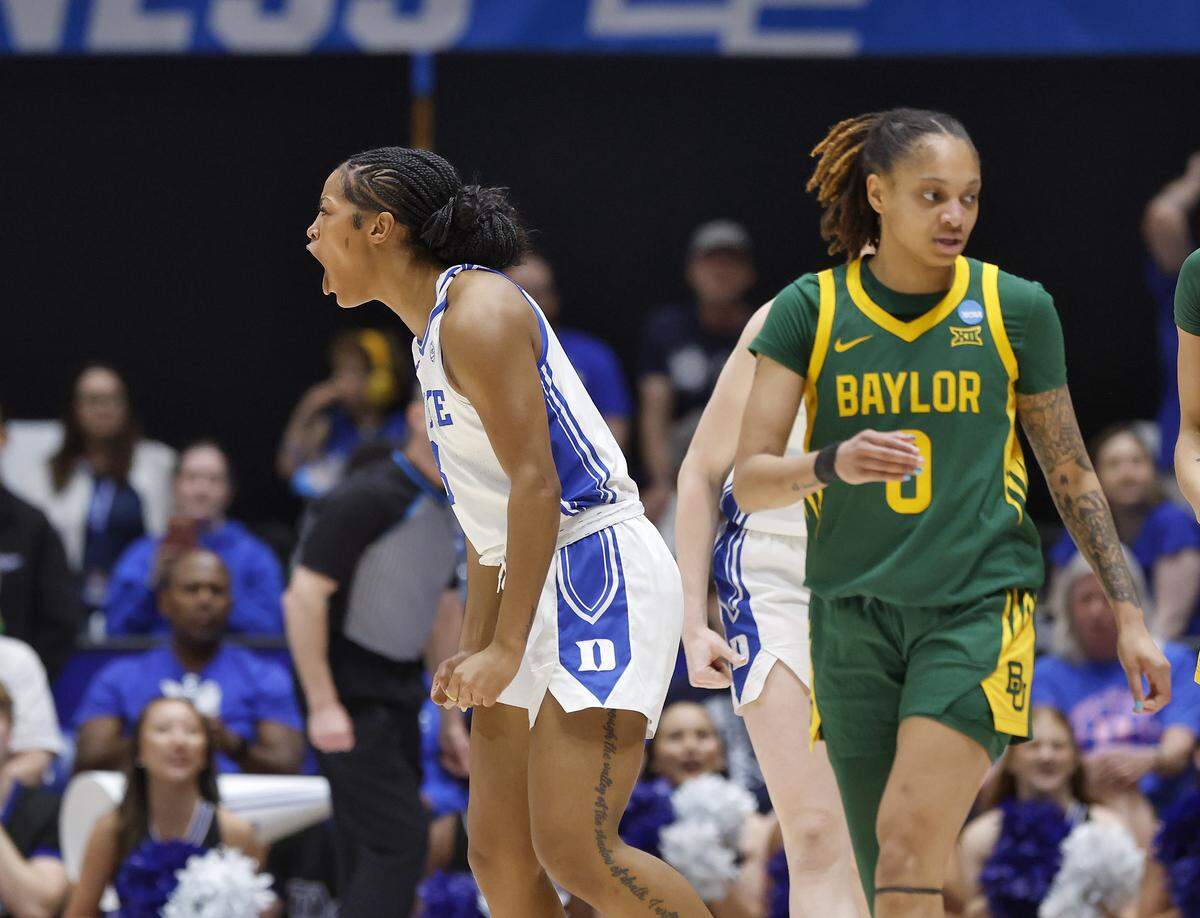 Duke’s Ashlon Jackson reacts after getting a defensive stop during the first half of the Blue Devils’ 69-46 second-round NCAA Tournament win over Baylor on Sunday, March 22, 2026, at Cameron Indoor Stadium in Durham, N.C.