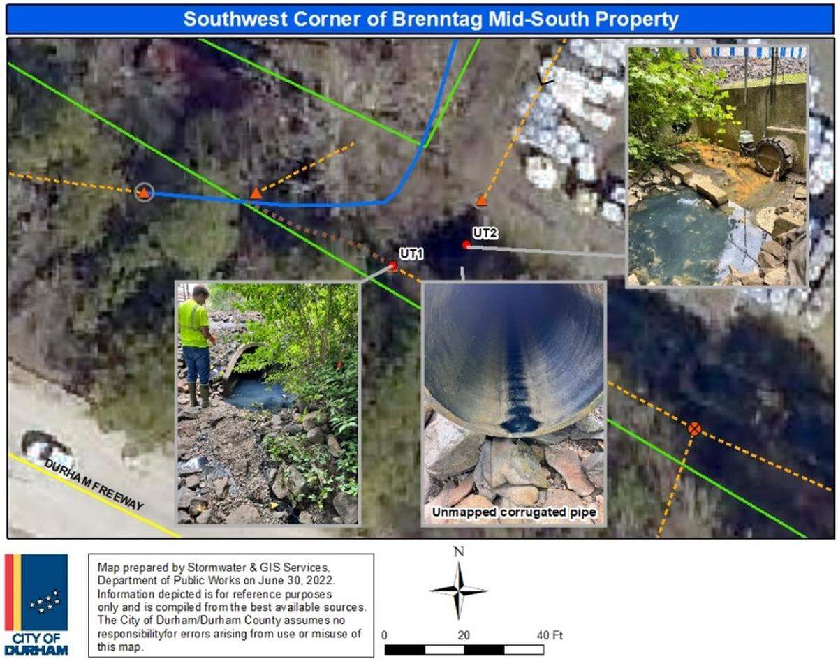 This map shows where City of Durham stormwater officials conducted their inspection of black water containing the smell of decay initially found in a creek running through Burton Park. The officials traced that back to Brenntag’s East Pettigrew Street site, resulting in two notices of violation.