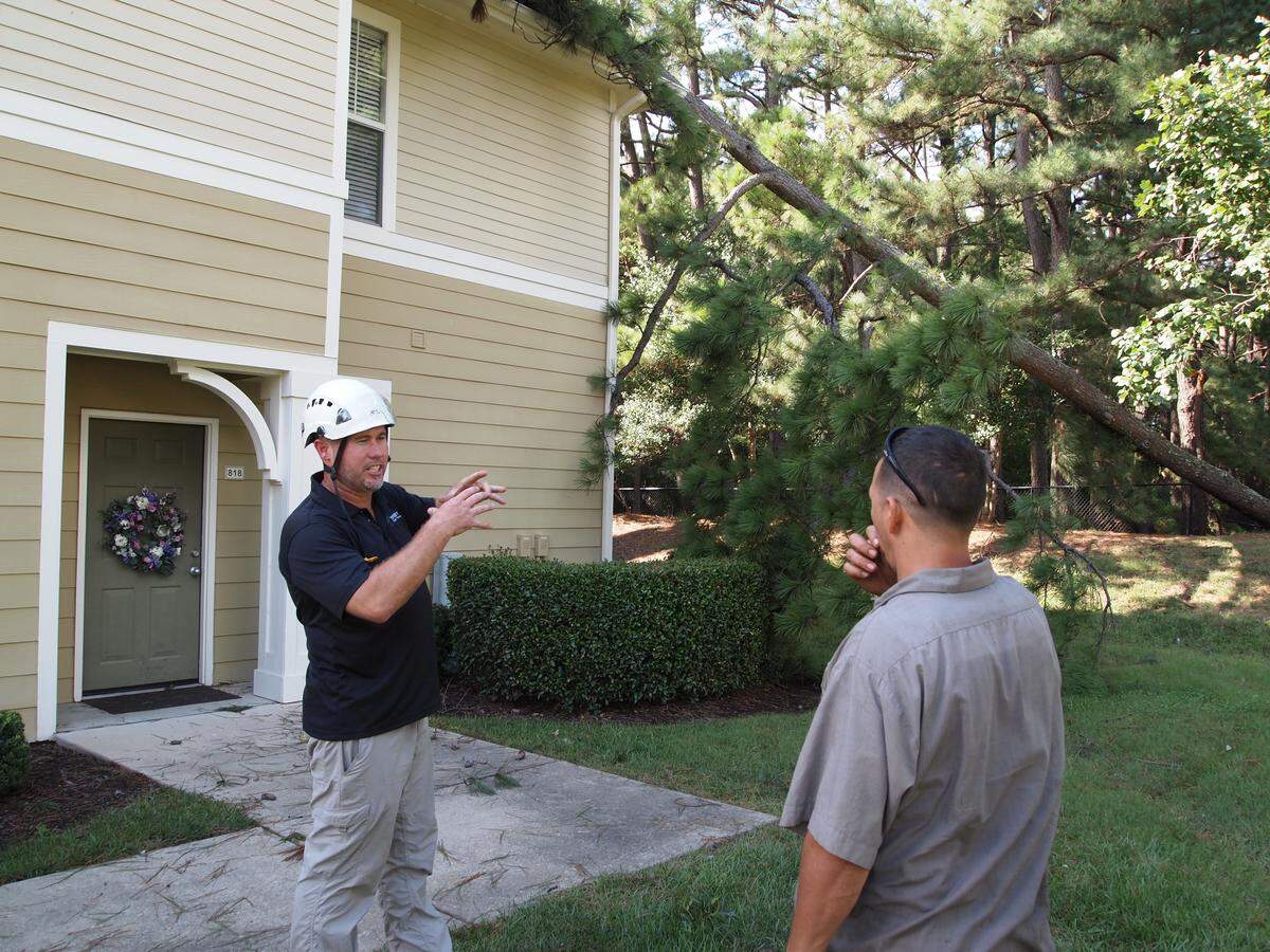 Jimmy Everett, left, and Umberto Castillo discuss how to get a fallen pine off a Cary apartment building on Monday, Sept. 17, 2018.