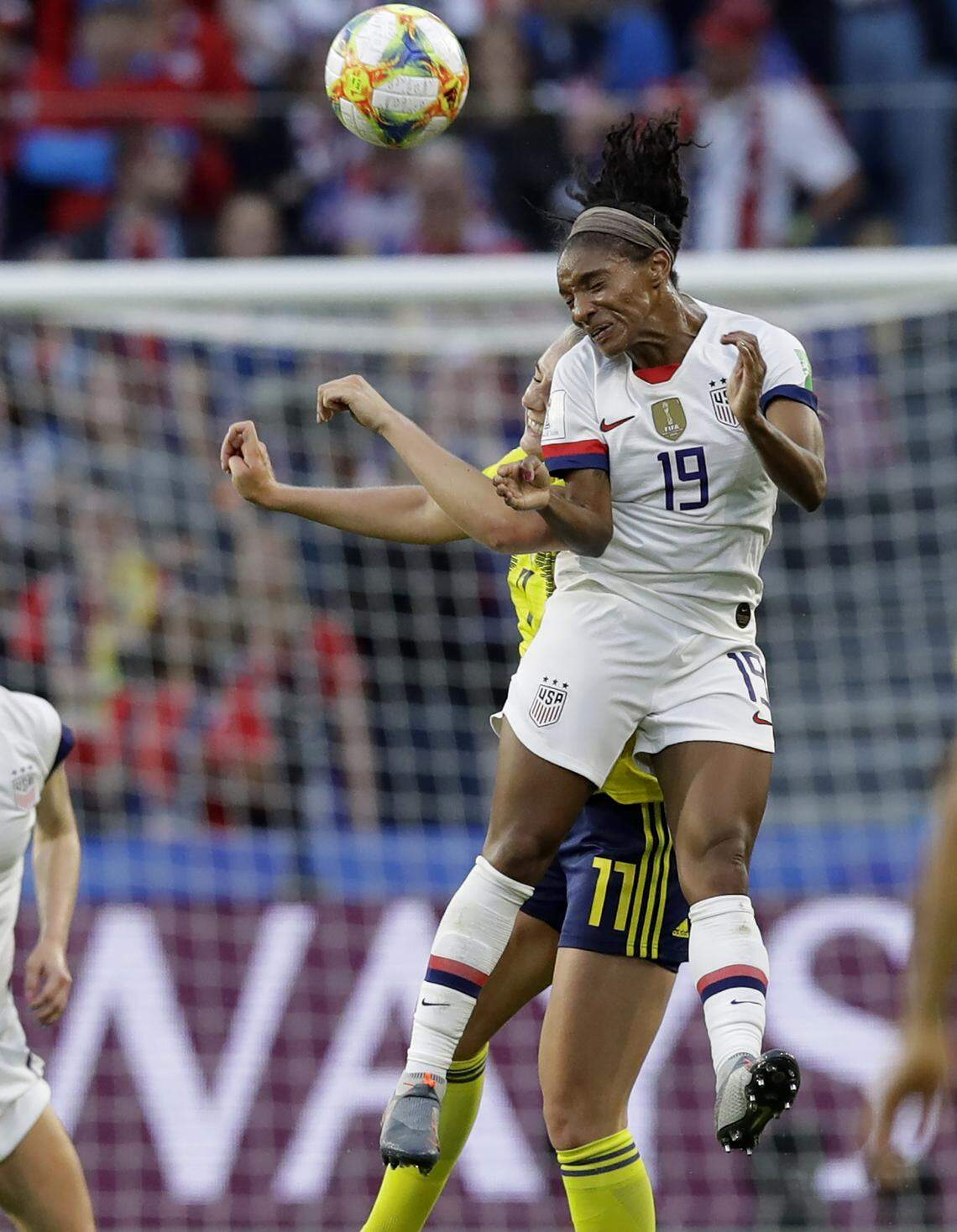 United States’ Crystal Dunn, right, heads the ball away from Sweden’s Stina Blackstenius during the Women’s World Cup Group F soccer match between Sweden and the United States at Stade Océane, in Le Havre, France, Thursday, June 20, 2019. (AP Photo/Alessandra Tarantino)