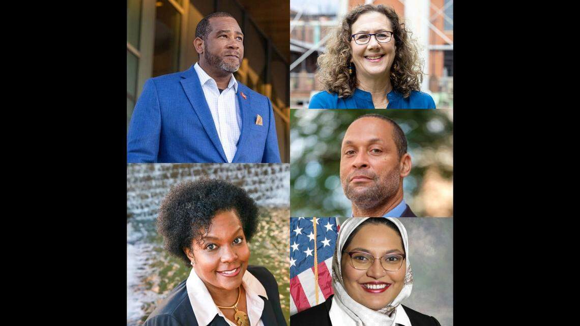 Durham County’s incoming Board of Commissioners takes office in December 2024. Clockwise from top left, Mike Lee, Wendy Jacobs, Stephen J. Valentine, Nida Allam and Michelle Burton.